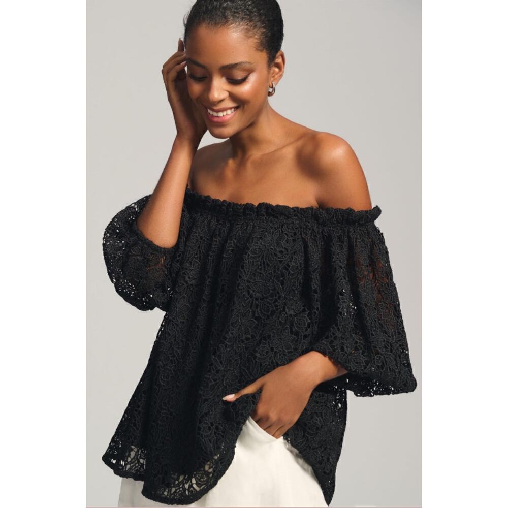 Anthropologie Black Off-Shoulder Lace Blouse sz S